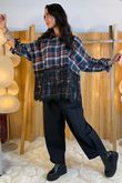 Zeta Otto Brushed Cotton Boxy Plaid Lace Blouse /8=